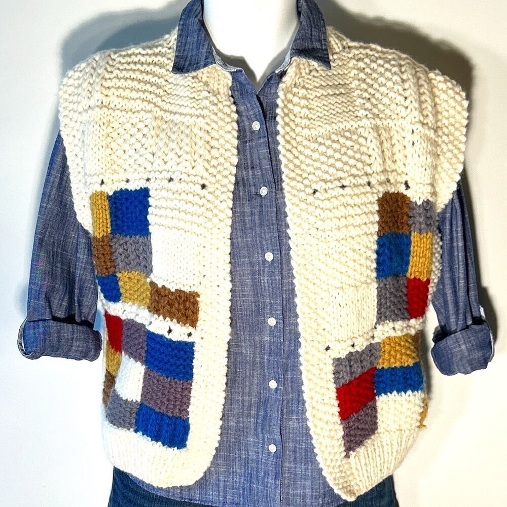 Russ SZM Vintage Wool Blend Handknit Color Block Vest 80's Made n Italy Cottage
